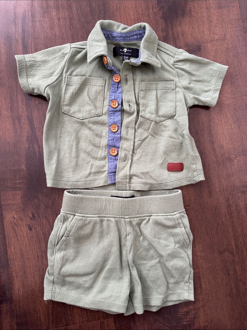 7 For All Mankind Olive Short-Sleeve Button Shirt with Blue Placket